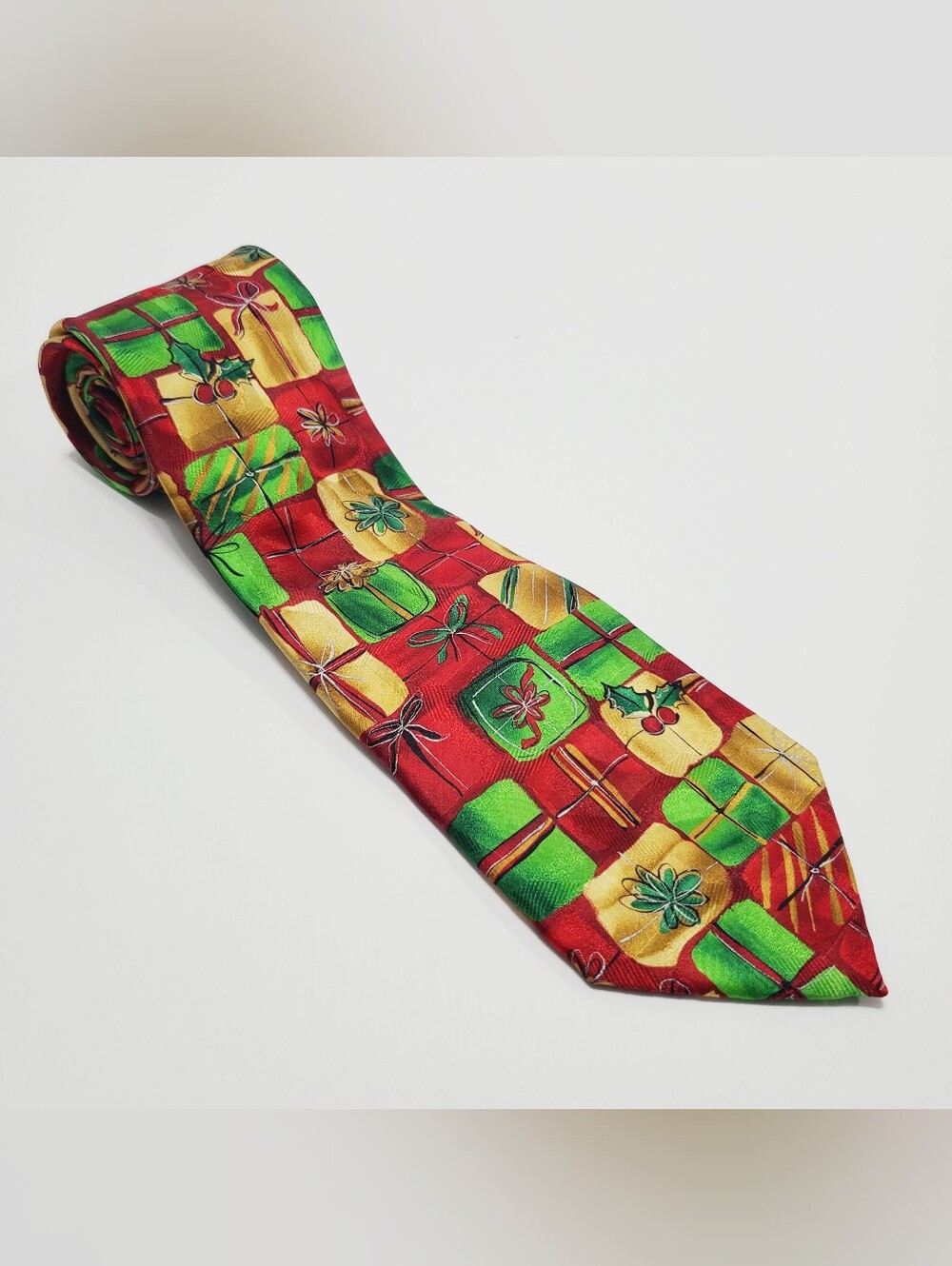 J. Garcia Men's Silk Neck Tie Multicolor Christmas Theme Surprise Package